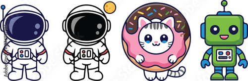 Cute Astronaut Cat Outline Character Set  Playful Space Adventures and Kawaii Robots