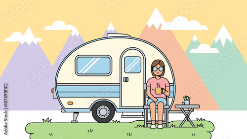 Woman Relaxing With Coffee By Camper In Mountains Scenic Illustration
