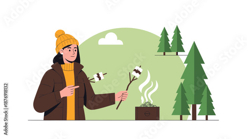 Woman Roasting Marshmallows At Campground Near Pine Trees And Enjoying Nature Time