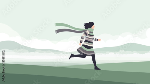 Woman Running Freely Across Grassy Landscape Under Muted Sky In Autumn Season