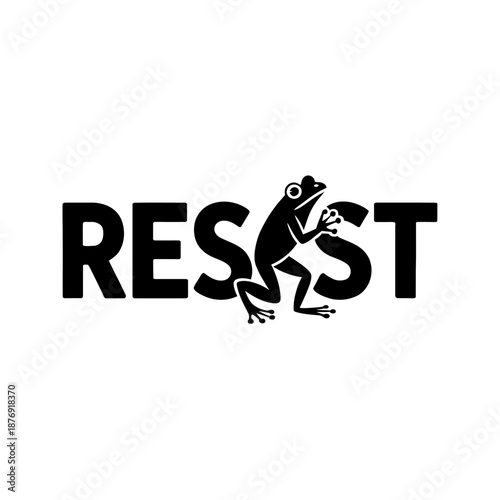 A minimalist design features the word 'RESIST' with a stylized frog inserted into the text.