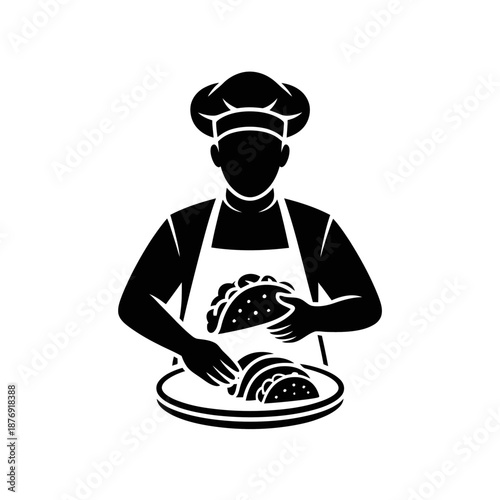 A simple  illustration depicting a chef holding two tacos