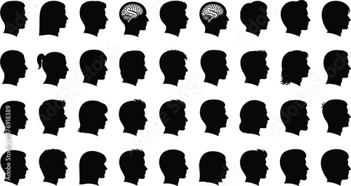 Black silhouettes of people's heads in profile profiles