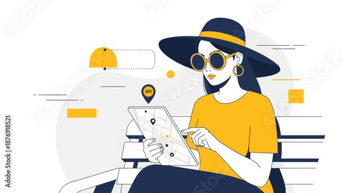 Woman Using Digital Tablet For Navigation And Leisure Outdoors In Style