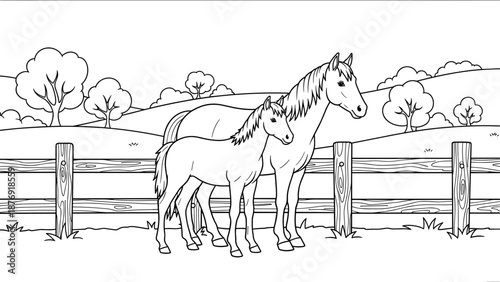 Line art of horses and foal in pasture with fence and trees