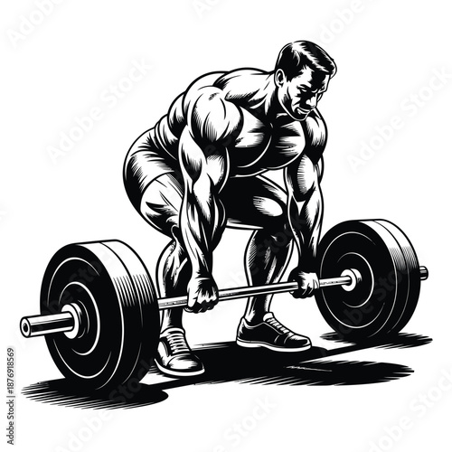 Strongman lifting a heavy barbell in a detailed black and white illustration