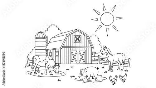 Charming farm scene with barn, animals, and sun in black and white outlines