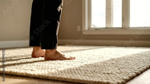 Bare feet of a man standing on a cozy rug by a window