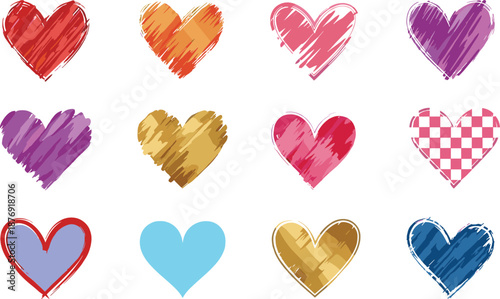 Colorful hearts in various styles and colors brush strokes solid colors checkered