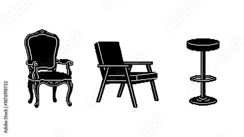Collection of black and white pixel art chairs: vintage, modern, and bar stool designs