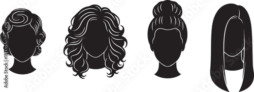 Four Black and White Silhouettes of Women with Different Hairstyles curly hair