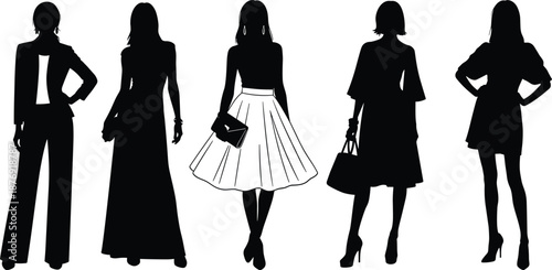 Five Black Silhouettes of Women in Various Dresses and Skirts white background