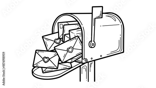 Retro mailbox overflowing with envelopes and heart stamps in monochrome style