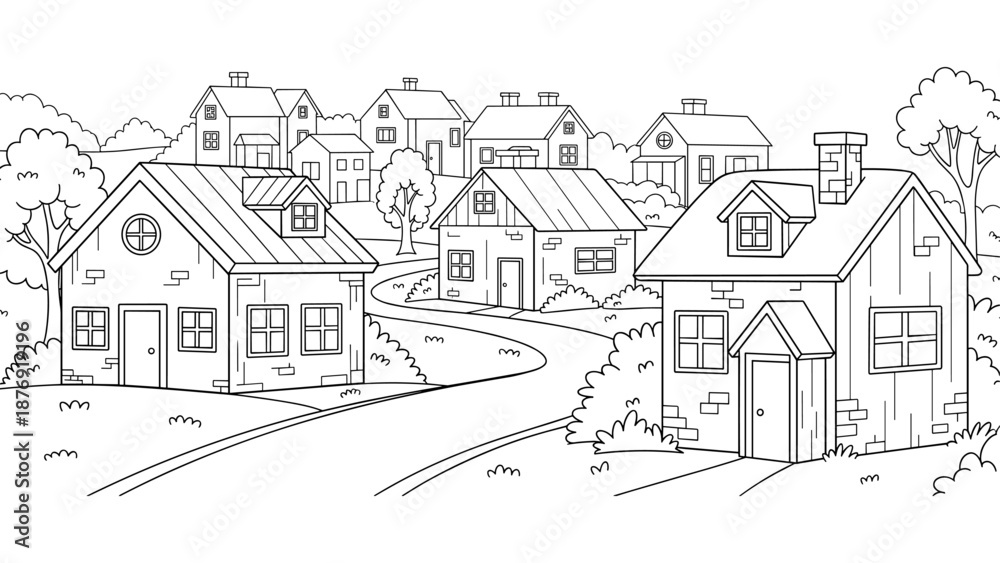 custom made wallpaper toronto digitalCharming countryside village with rustic houses in black and white line art