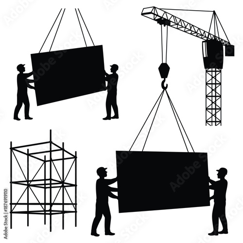 Construction workers handling large panels with crane and scaffolding