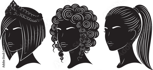 Three black and white line profiles of women with different hairstyles line women curly hair