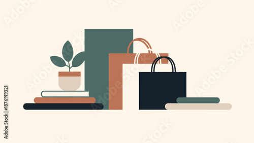 Shopping Bags and Books with Plant.