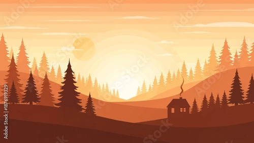 Serene Landscape with Trees and Cottage Sunset.