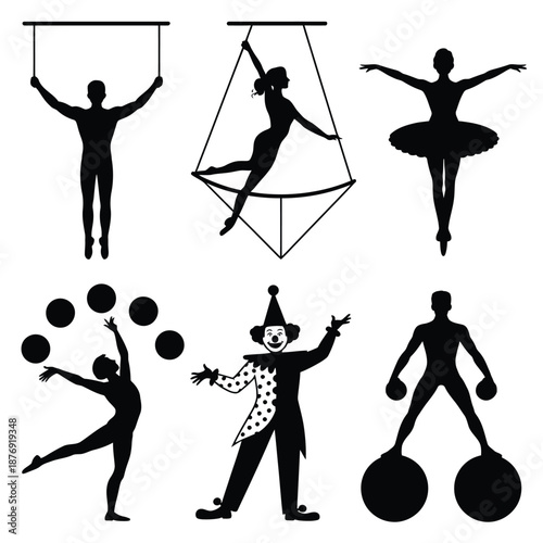 silhouettes of various circus performers in different acrobatic poses and costumes