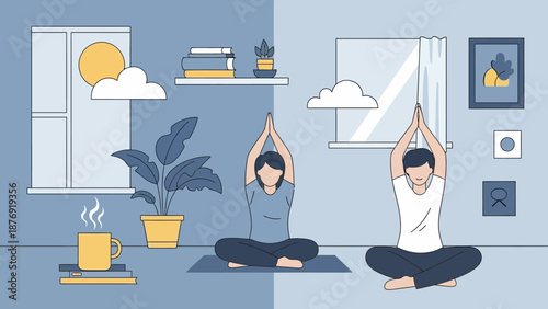 Two People Practicing Yoga at Home.