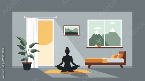Woman Meditating in Serene Room Environment.