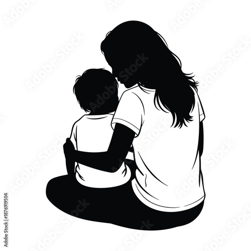 A mother embracing her child in a tender black and white silhouette