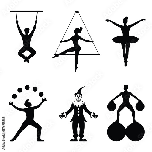 Silhouette collection of circus performers acrobats and joyful clown characters