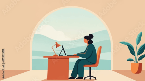 Woman Working on Laptop at Desk.