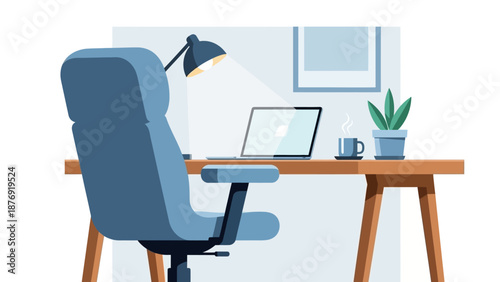 Blue Office Chair with Desk and Laptop.