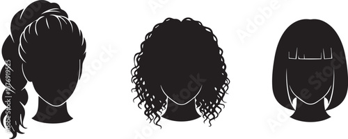 Three black and white silhouettes of women with different hairstyles