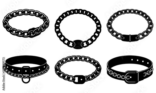 Six black leather and chain chokers with buckles and rings on white background necklace