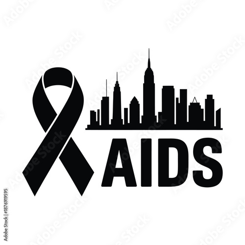New York City Skyline With Ribbon Showing Support For Aids Awareness