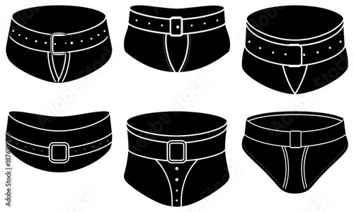 Six Black Underwear Silhouettes with White Details on Transparent Background belt
