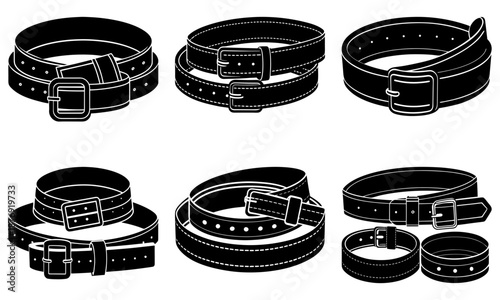 Collection of black leather belts with silver buckles on white background