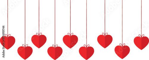 Red hearts hanging from strings on white background hanging hearts on strings Valentine's Day