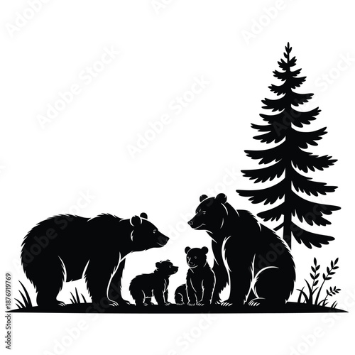 family of bears and tree in the forest