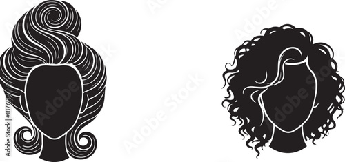 Two black and white silhouette profiles of women with different hairstyles