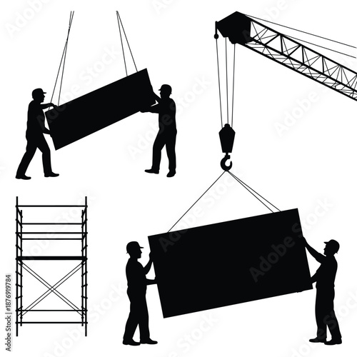 Construction workers handling large panels with crane and scaffolding