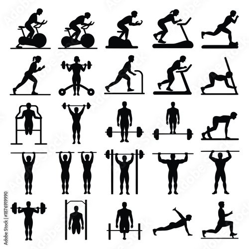 Silhouette illustrations showcasing various fitness exercises and gym equipment use