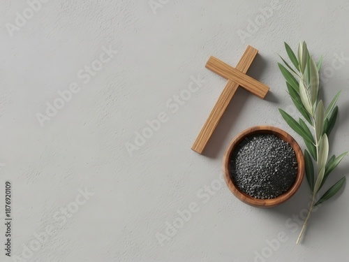 Ash Wednesday Concept Cross, Ashes, Olive Branch on Grey Background