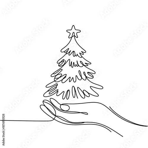 a hand holding a simple line drawing of a christmas tree