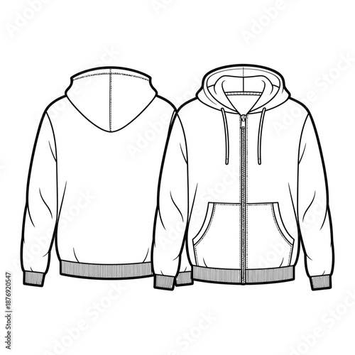 a line drawing of a hoodie with a zipper and a hoodie without a zipper