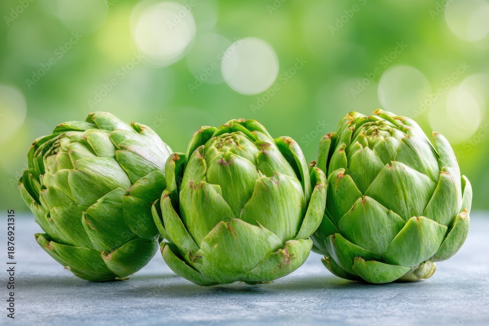 Fototapeta premium Fresh green artichokes arranged in a row on a textured surface, showcasing vibrant colors and natural beauty, perfect for culinary and health-related themes