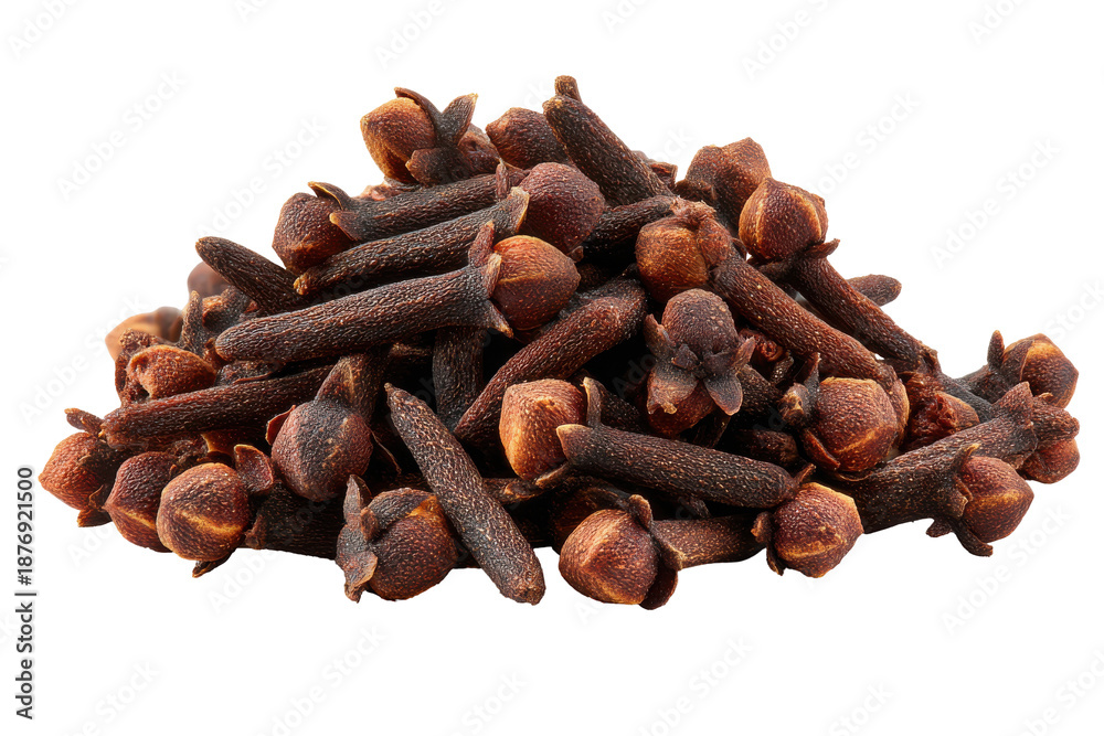 Obraz premium Pile of dried whole cloves spice isolated on transparent background. Pile of whole dried clove spice isolated on white background.