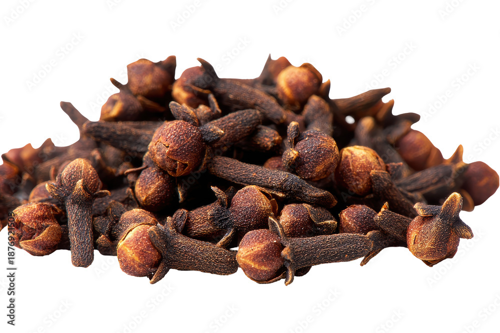 Fototapeta premium Pile of dried cloves spice isolated on transparent background. Pile of whole dried cloves spice for cooking aroma flavor isolated on white background.