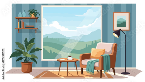 Cozy Armchair with Pillow and Throw Blanket.