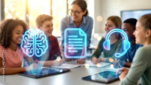 Diverse students using AI and digital technology in classroom