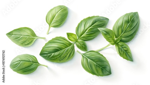 Fresh green basil leaves isolated on pure white background, soft natural shadows, top view, ultra realistic, stock photography