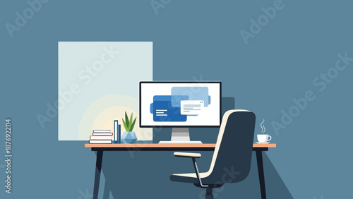 Modern Computer Desk with Office Chair and Monitor.