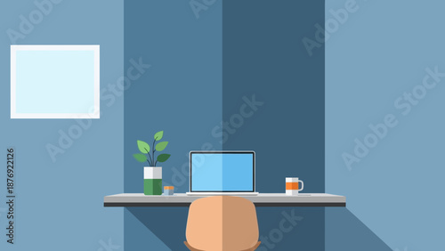 Modern Office Desk with Laptop and Accessories.